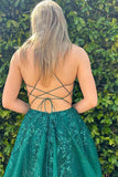 Dark Green A Line V Neck Lace Appliques Long Prom Dresses With Slit, PL690 | backless prom dresses | new arrival prom dress | prom dresses near me | promnova.com