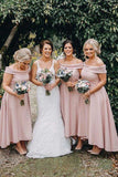 Dusty Pink Satin A Line Off Shoulder Tea Length Bridesmaid Dresses, PB184 | pink bridesmaid dresses | wedding guest dress | maid of honor dress | promnova.com