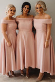 Dusty Pink Satin A Line Off Shoulder Tea Length Bridesmaid Dresses, PB184 | bridal party dress | cheap bridesmaid dresses | junior bridesmaid dress | promnova.com