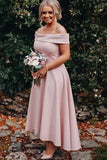 Dusty Pink Satin A Line Off Shoulder Tea Length Bridesmaid Dresses, PB184 | budget bridesmaid dress | simple bridesmaid dress | short bridesmaid dresses | promnova.com