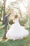 Elegant Tulle A Line V Neck Forest Wedding Dress With Lace Appliques, PW430 image 2