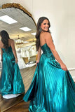 Emerald Green Satin Sweetheart Neck Pleated Strapless Prom Dresses, PL660 image 3