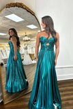 Emerald Green Satin Sweetheart Neck Pleated Strapless Prom Dresses, PL660 image 2