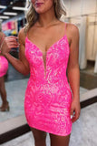 Glitter Hot Pink V Neck Sequins Lace Up Tight Homecoming Dresses, PH440 image 2