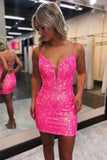 Glitter Hot Pink V Neck Sequins Lace Up Tight Homecoming Dresses, PH440 image 1