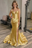 Gold Satin Mermaid Sweetheart Neck Long Prom Dresses With Split, PL654 image 1