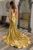 Gold Satin Mermaid Sweetheart Neck Long Prom Dresses With Split, PL654 image 2