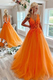 Gorgeous Orange Tulle A Line V Neck Floral Lace Long Prom Dresses, PL685