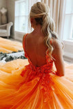 Gorgeous Orange Tulle A Line V Neck Floral Lace Long Prom Dresses, PL685 | a line prom dress | backless prom dress | evening gown | promnova.com