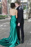 Green Satin Mermaid Halter Sleeveless Prom Dresses With Sweep Train, PL675 image 2