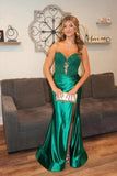 Green Satin Mermaid Sweetheart Long Prom Dresses With Lace Appliques, PL693