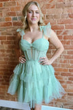 Green Tulle Tiered Spaghetti Straps A Line Short Homecoming Dresses, PH435 image 1