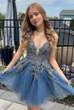 Grey Blue Tulle A Line V Neck Spaghetti Straps Short Homecoming Dresses, PH436 image 1