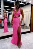 Hot Pink Mermaid Sequins Crossed Bodice Prom Dresses With High Slit, PL689