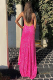 Hot Pink Mermaid Sequins V Neck Long Prom Dresses With Side Slit, PL684 | backless prom dress | long formal dress | evening dresses | promnova.com