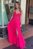 Hot Pink Tulle A Line Strapless Long Prom Dresses With Lace Appliques, PL603 image 2