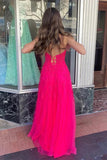 Hot Pink Tulle A Line Strapless Long Prom Dresses With Lace Appliques, PL603 image 3