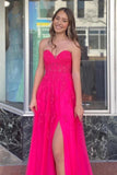 Hot Pink Tulle A Line Strapless Long Prom Dresses With Lace Appliques, PL603 image 1