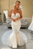 Ivory Mermaid Strapless Wedding Dresses With Lace Appliques, PW429 | vintage wedding dress | cheap lace wedding dress | bridal gown | promnova.com