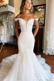 Ivory Mermaid Tulle V Neck Off-the-Shoulder Wedding Dresses With Train, PW413 image 3