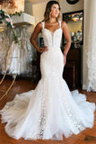 Ivory Mermaid Tulle V Neck Off-the-Shoulder Wedding Dresses With Train, PW413 image 1