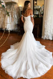 Ivory Mermaid Tulle V Neck Off-the-Shoulder Wedding Dresses With Train, PW413 image 2