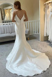 Ivory Satin Mermaid Spaghetti Straps V Neck Backless Wedding Dresses, PW435 image 3