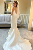 Ivory Satin Mermaid Spaghetti Straps V Neck Backless Wedding Dresses, PW435 image 2