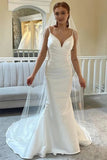 Ivory Satin Mermaid Spaghetti Straps V Neck Backless Wedding Dresses, PW435 image 1