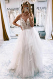 Ivory Tulle A Line Backless Lace Top Wedding Dresses With Train, PW448