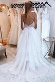 Ivory Tulle A Line Backless Lace Top Wedding Dresses With Train, PW448 | backless wedding dress | wedding dress stores | a line wedding dress | promnova.com