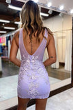 Lavender Plunging V Neck Lace Appliques Short Homecoming Dresses, PH428 image 2