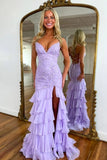 Lavender Tiered Chiffon Mermaid V Neck Prom Dresses With Appliques, PL692