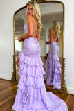 Lavender Tiered Chiffon Mermaid V Neck Prom Dresses With Appliques, PL692 | mermaid prom dresses | simple prom dress | senior prom dresses | promnova.com