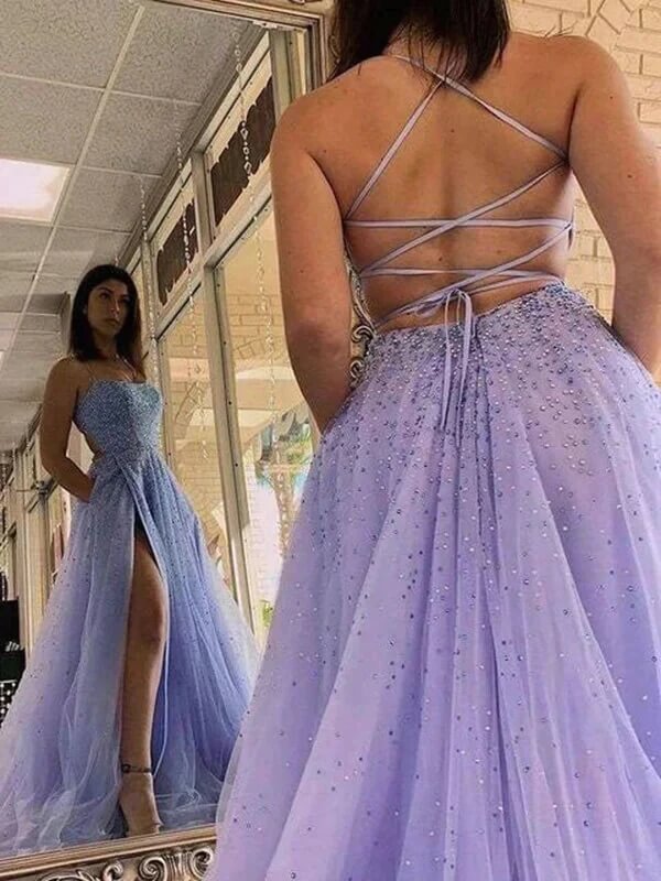 Lavender Tulle A-line Beaded Prom Dresses With Split PL564