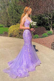 Lavender Tulle Mermaid Lace Appliques Prom Dresses With Cross Back, PL665