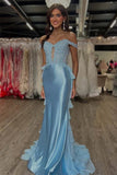 Light Blue Satin Chiffon Off the Shoulder Corset Prom Dresses With Appliques, PL710