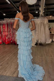 Light Blue Satin Chiffon Off the Shoulder Corset Prom Dresses With Appliques, PL710 image 2