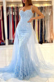 Light Blue Tulle Mermaid Spaghetti Straps Lace Appliqued Prom Dresses, PL649