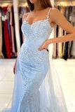 Light Blue Tulle Mermaid Spaghetti Straps Lace Appliqued Prom Dresses, PL649 image 3