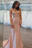 Light Pink Satin Mermaid V Neck Lace Appliques Long Prom Dresses, PL707