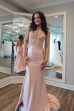 Light Pink Satin Mermaid V Neck Lace Appliques Long Prom Dresses, PL707 | lace prom dress | senior prom dress | prom dress near me | promnova.com