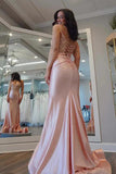 Light Pink Satin Mermaid V Neck Lace Appliques Long Prom Dresses, PL707 | backless prom dress | cheap long prom dress | satin prom dress | promnova.com