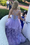 Lilac Tulle A-line V-neck Spaghetti Straps Ruffles Long Prom Dresses, PL671 | backless prom dresses | cheap long prom dresses | long formal dress | promnova.com