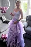 Lilac Tulle A-line V-neck Spaghetti Straps Ruffles Long Prom Dresses, PL671 | purple prom dresses | lace prom dress | party dress | promnova.com