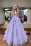 Lilac Tulle A Line Scoop Neck Long Prom Dresses With Lace Appliques, PL698