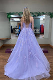 Lilac Tulle A Line Scoop Neck Long Prom Dresses With Lace Appliques, PL698 | prom dress stores | prom dress near me | custom made prom dress | promnova.com