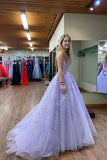 Lilac Tulle A Line Scoop Neck Long Prom Dresses With Lace Appliques, PL698 | purple prom dress | simple prom dress | long formal dress | promnova.com