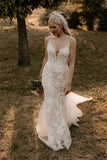 Mermaid V Neck Spaghetti Straps Wedding Dresses With Lace Appliques, PW425