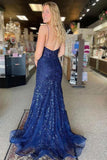 Navy Mermaid V-Neck Spaghetti Straps Lace Appliques Prom Dresses, PL682 | mermaid prom dresses | new arrival prom dress | backless prom dress | promnova.com